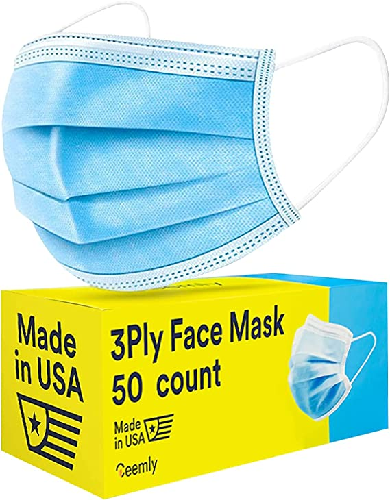 Ceemly 3Ply USA Made Face Mask - Disposable, Single-Use, 50 CT